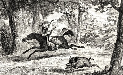 Kardinal John von Belue jagt einen Eber, Illustration aus 